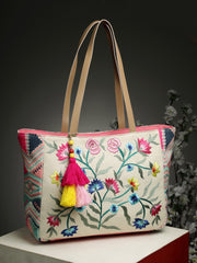 Lush Floral Embroidered Cotton Jacquard Tote Bag