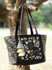 Lush Floral Embroidered Cotton Jacquard Tote Bag