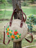 Sisal Floral Embroidered Jute & Vegan Leather Handheld Bag