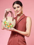 Sisal Floral Embroidered Jute & Vegan Leather Handheld Bag