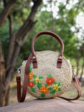 Sisal Floral Embroidered Jute & Vegan Leather Handheld Bag