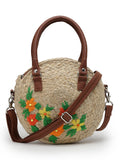 Sisal Floral Embroidered Jute & Vegan Leather Handheld Bag