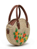 Sisal Floral Embroidered Jute & Vegan Leather Handheld Bag