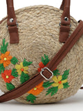 Sisal Floral Embroidered Jute & Vegan Leather Handheld Bag