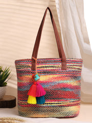 Boho Woven Striped Cotton Acrylic Tote Bag