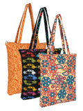 Eco-Friendly Multicolor Floral Printed Cotton Canvas Shopping Bags (Pack of 3)