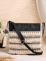 Boho Seashell Embellished Cotton Jacquard & PU Sling Bag